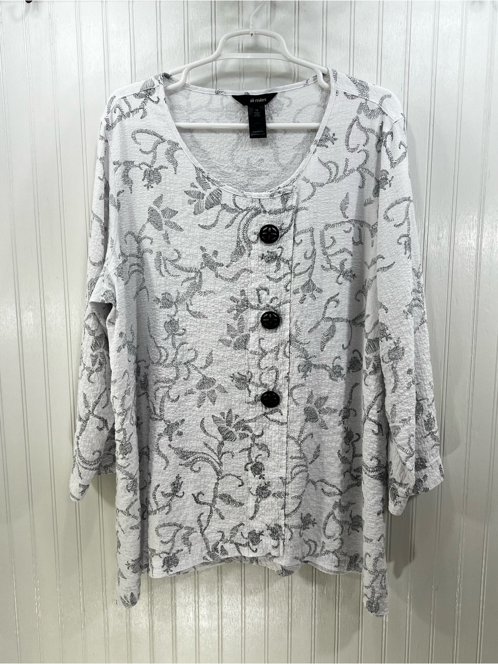 Ali Miles Artsy Lagenlook Crinkle Textured Blouse White Black Abstract Top 1X